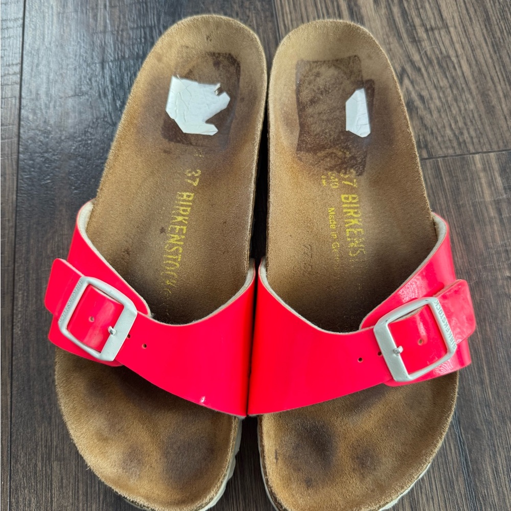 Birkenstock Madrid Patent Leather Slide Sandals in coral